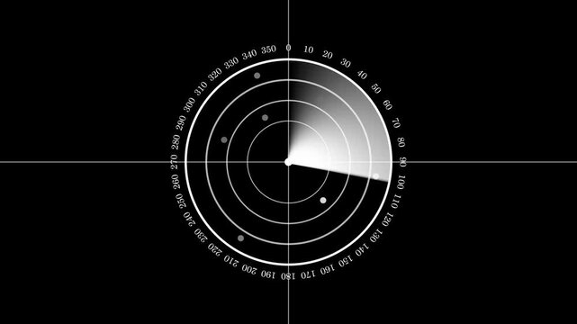 Digital radar screen displaying circular scan with targets and bearing lines on black background with sonar screen with doppler radar with spy radar