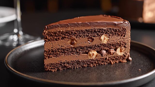 Delicious slice of layered chocolate cake with hazelnuts and a rich glaze on a dark plate.