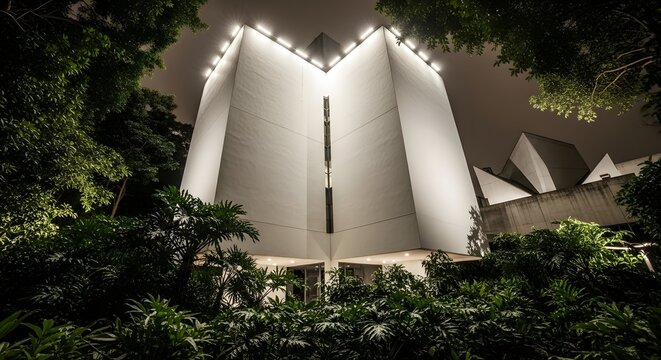 Striking Brutalist Concrete Building at Night with Dramatic Lighting and Lush Greenery