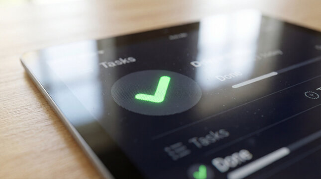 Digital task checklist on tablet screen showing green checkmark for productivity concept