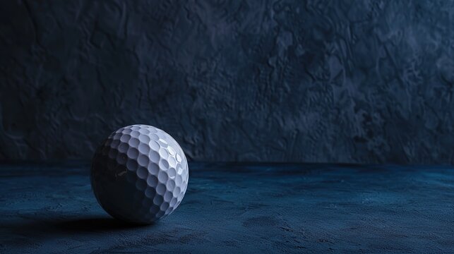 Macro close-up of a white golf ball on a dark blue background with spacious copy space, minimalist sports and recreation concept, Generative AI