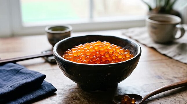 Fresh salmon roe served inside rustic ceramic bowl on wooden table, healthy seafood appetizer, gourmet ikura delicacy, traditional japanese culinary.