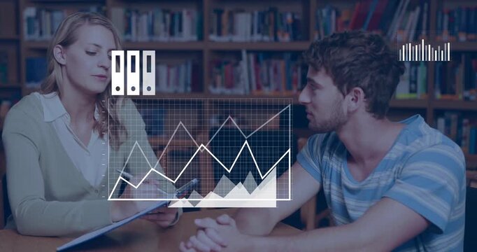 Woman raising tablet triggers device icons appearing then morphing into charts, showing study data