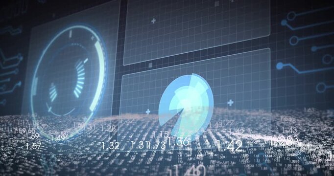 Blue pie-chart hologram rotating and pulsing over analytics UI, gauges driving metrics showing data