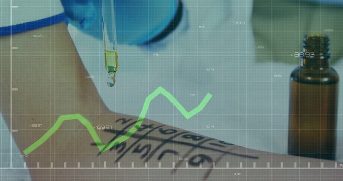 Forming droplet at dropper as gloved hand placing drops on forearm grid at bench, mapping response