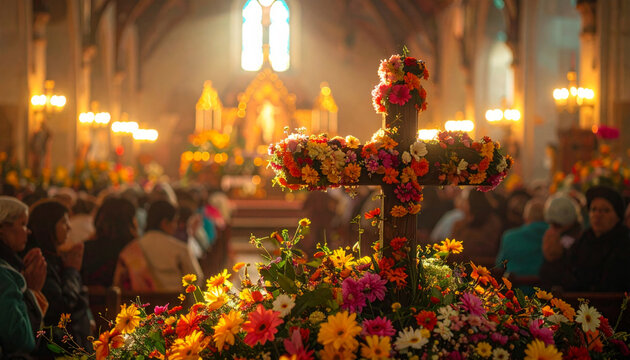 Easter flower cross in church with colorful floral decoration and worshippers praying during religious service