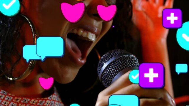 Female singer singing louder on stage mic, causing hearts chats growing, obscuring for social buzz