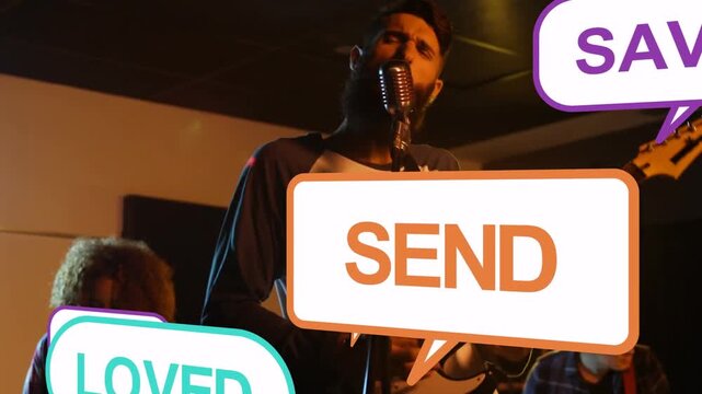 Lead singer stepping, singing into mic, strumming and sparking music tags obscuring singer for buzz