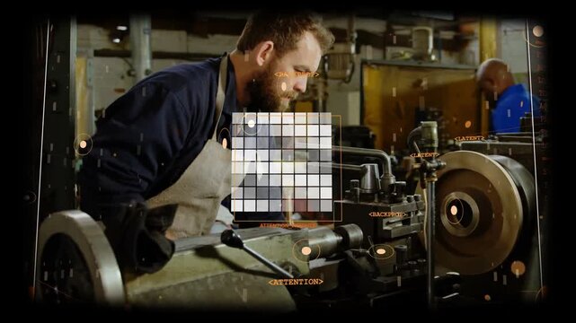 Camera framing machinist operating lathe wheel adjusting lever and checking turning part alignment