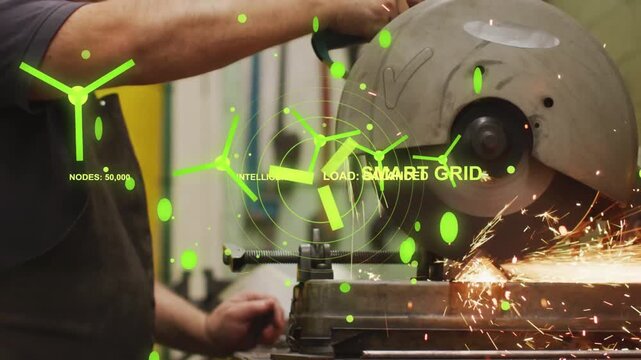 Machinist engaging spinning grinder and cutting metal, AR smart grid graphics growing over blade