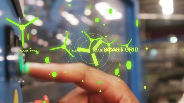 Tapping tech wearing hardhat, pressing green button on blue panel at plant, activating SMART GRID