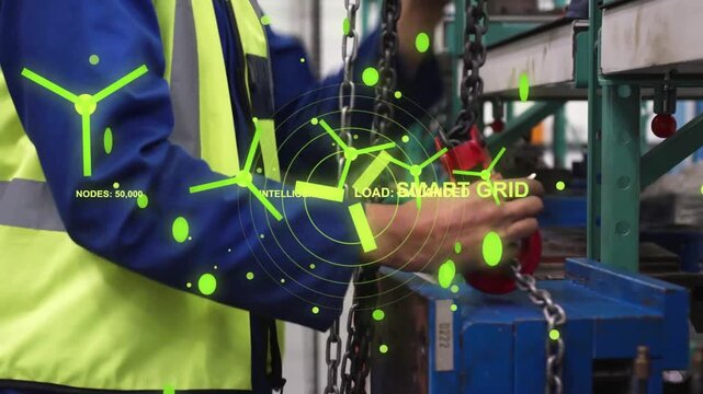 Technician raising loose chains at workshop, AR HUD centering on red hook securing for safe lift