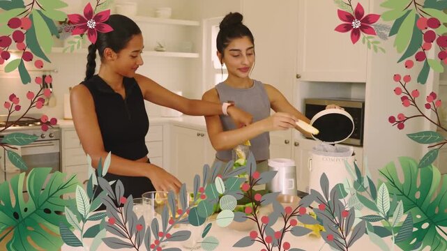 Two women placing cups, slicing lemons, filling jar, making beverage while floral overlaying hands