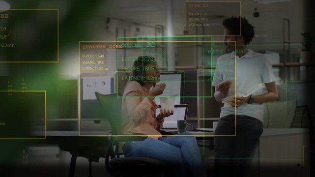 Woman raising spoon talking to man during tech break, HUD QUANTUM_CORE becoming legible
