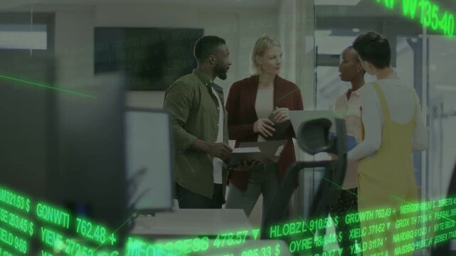 Green ticker starting to scroll, team gathering around copier, adjusting devices, preparing print