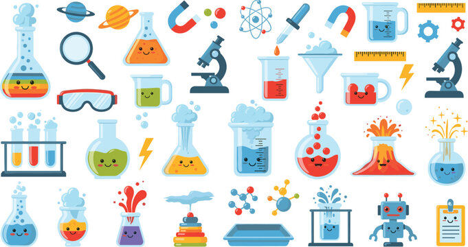 Science Experiment and Chemistry Lab Icon Set with Molecules, Test Tubes, Microscope, Chemical Reactions, Physics Elements, and Scientific Education Tools.