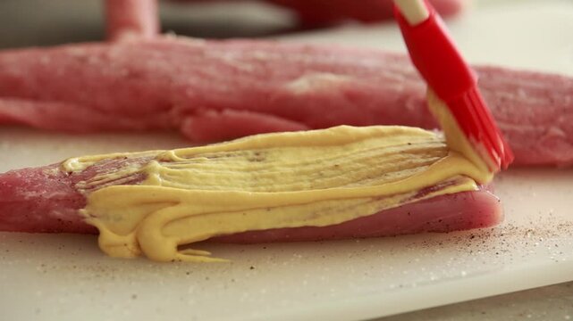 Brushing Dijon mustard over raw pork bon file on white cutting board, marinating meat preparation