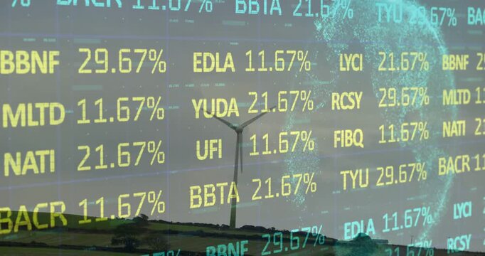 Financial tickers updating over ridge, overlaying turbine as turbine rotating, showing wind finance