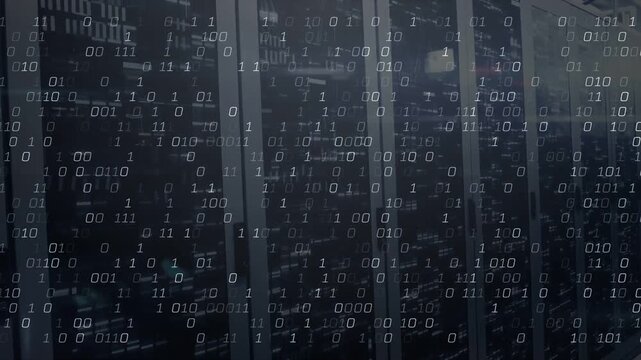 Server racks in dim server room, traffic initiating binary overlay densifying across glass fronts