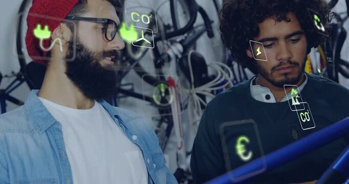 Two techs inspecting blue bike tube, right pointing and starting green AR icons showing eco metrics