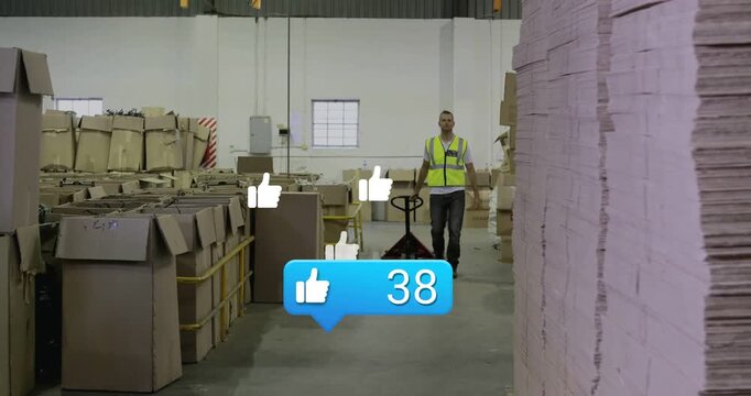 Blue like counter appearing worker walking pulling jack, likes rising, floating for logistics kudos