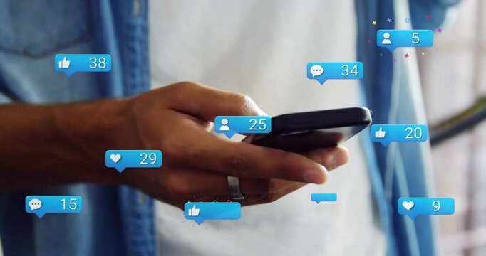 Vertical video: Man tapping phone, spawning blue bubbles and counts rising for social media
