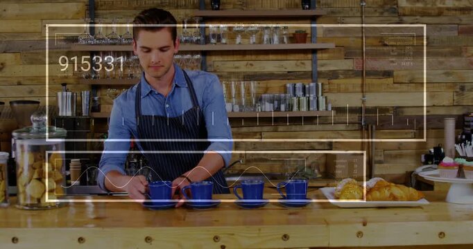 Barista picking cup aligning 4 blue cups sliding row ahead overlays tracking for coffee service