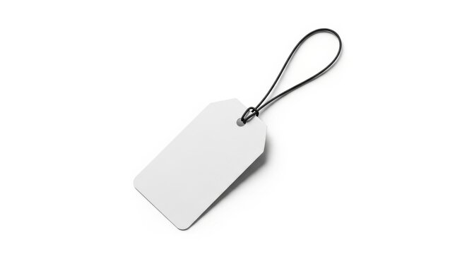 Minimalistic blank white price tag with black string on white background