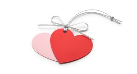 Romantic red and pink heart tags with silver ribbon on white background