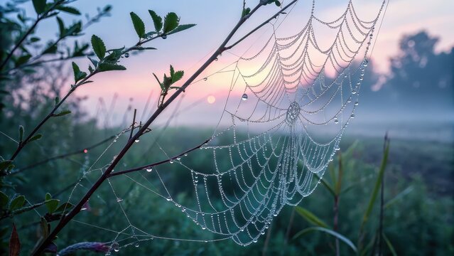 Dewdrops sparkle on intricate spiderweb at sunrise