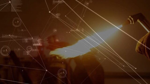 Technician igniting torch at bench for tech task, sweeping flame while HUD overlay tracking heat