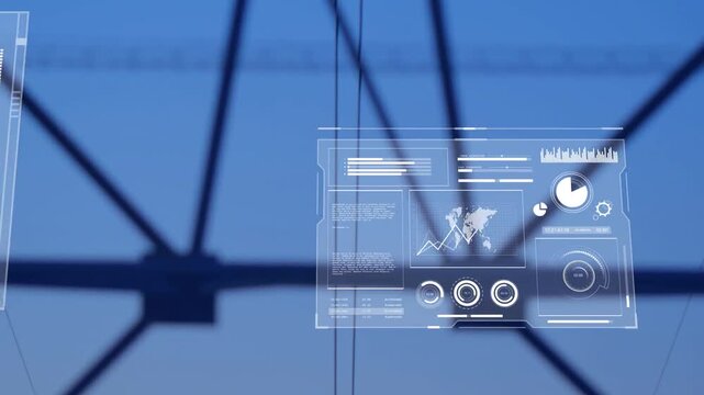 Close-up starting dashboard charts emerging over power pylons, sliding and monitoring grid health