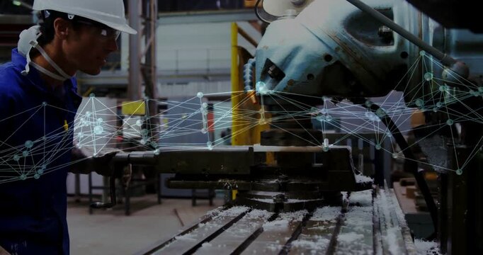 Machinist adjusting workpiece and vise engaging spindle inspecting cut as network overlay animating