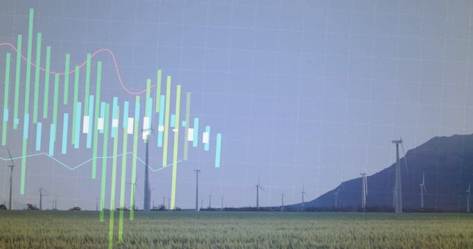 Data bars emerging from left, overlaying wind turbines and mapping renewable energy output