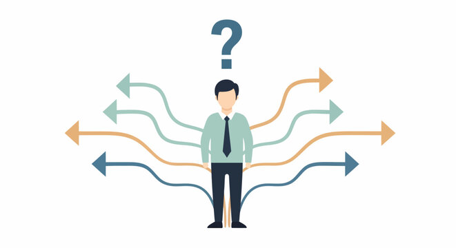 Man with question confused many directions.