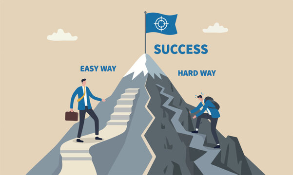 Easy success or mission accomplish, choosing path to succeed, way to reach business goal concept, businessmen compete easy and hard way to climb mountain