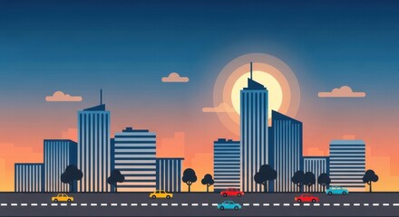 Obraz premium Urban Skyline at Dusk with Cars and Silhouettes of Buildings