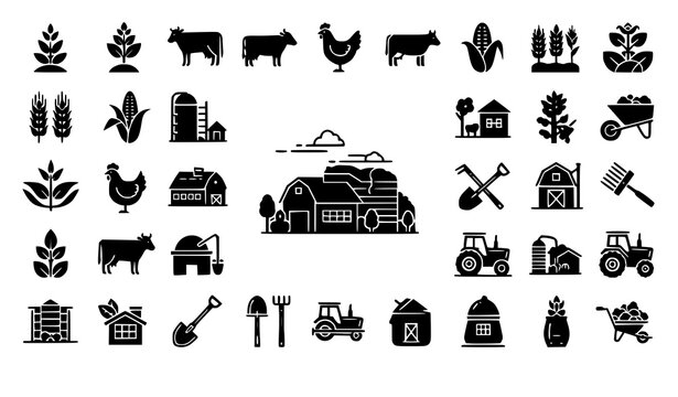 Minimal farm agriculture icon set crops livestock tools barn tractor simple vector isolated on white background