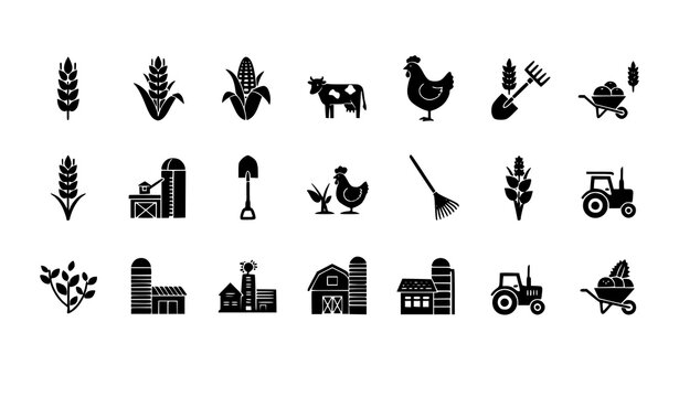 Farm and agriculture icon set crops livestock tools tractor barn rural vector illustration isolated on white background