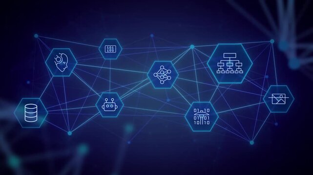 Large language models animated banner with line icons. Machine learning maintenance. Outline symbols on dynamic background. Dark to light transition. HD video for website header, presentation