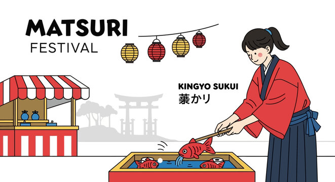 Japanese Matsuri Festival Scene with Girl Playing Kingyo Sukui Goldfish Scooping Game