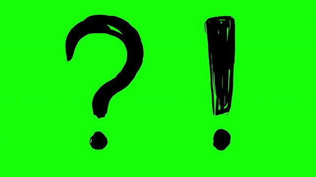 Animated bold hand drawn black question mark and exclamation point with rough jittery motion. Style features heavy brush strokes and textural feel on vibrant green chroma key background. 