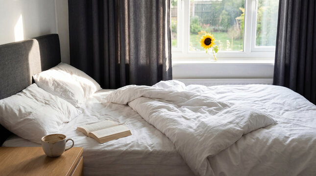 A cozy photograph of an unmade bed in a bright bedroom, featuring an open book and a view of a sunny garden.