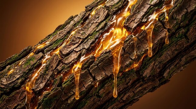 Close-up of amber resin dripping from rough tree bark with mossy patches