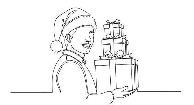 Smiling man in Santa hat holding stack of gift boxes, one line drawing
