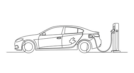 Obraz premium Electric car charging at a station, continuous line drawing