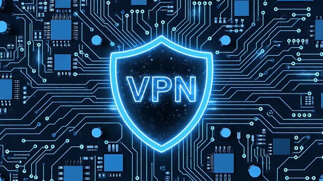 Secure vpn shield on a digital circuit board background