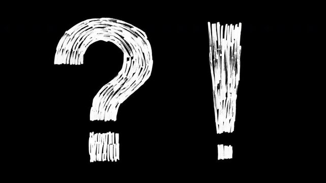 Animated question mark and exclamation point created with hand drawn hatching technique. White linear shading vibrates against black background, creating unique artistic look. 2d motion elements
