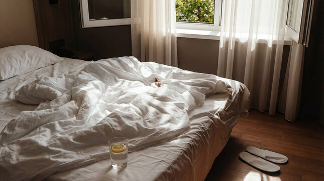 Cozy bedroom scene with an unmade bed and a refreshing glass of lemon water, symbolizing a gentle morning.