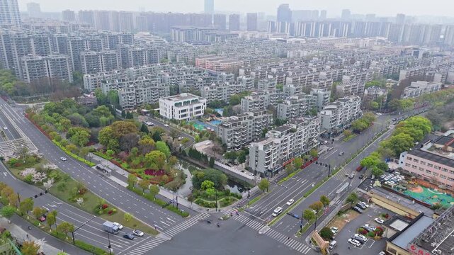 Aerial photography of the intersection of Jingxingguan Road and Xingguang Street in Linping, Hangzhou